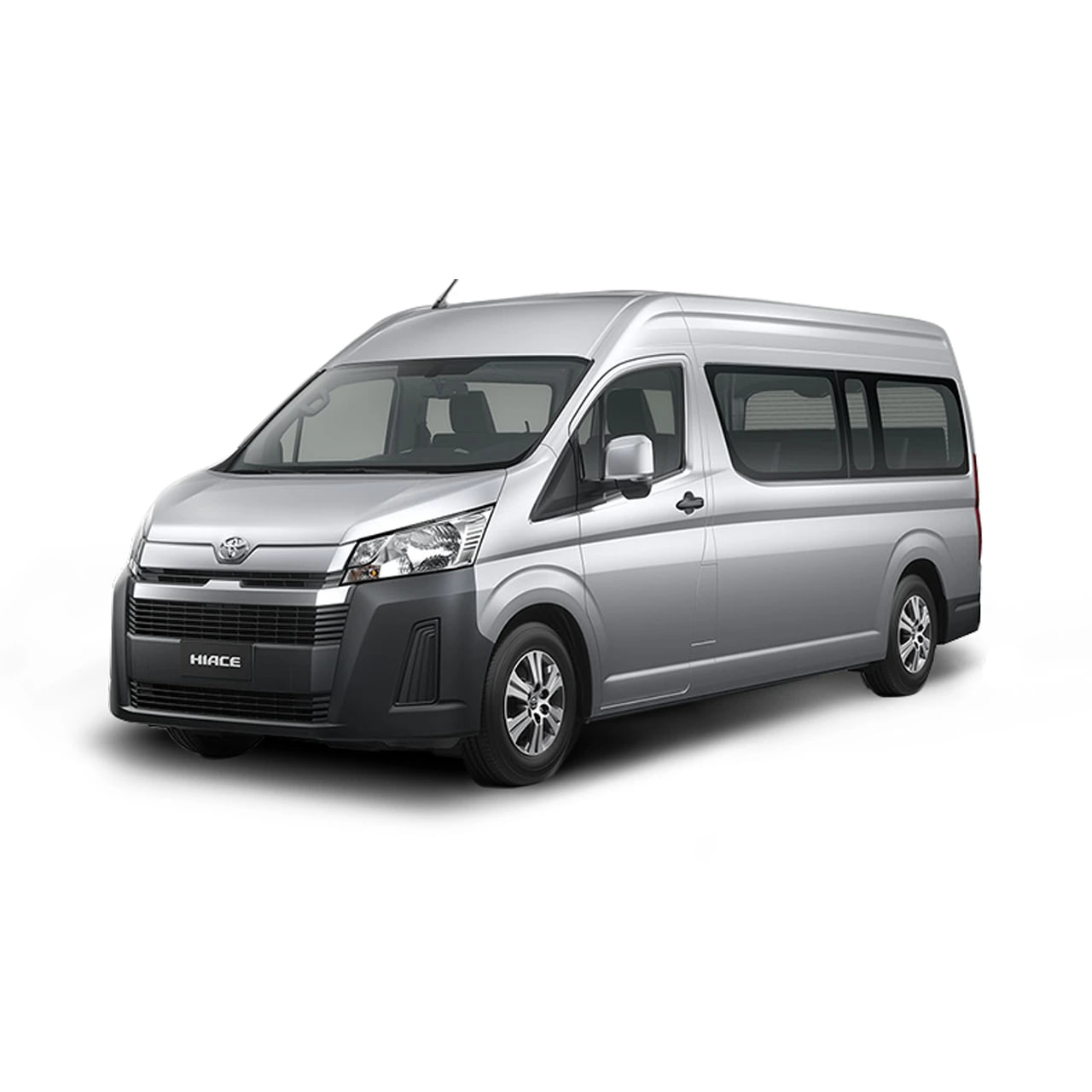 Silver Toyota HiAce VIP minivan side view for private taxi and transfer service in Cambodia