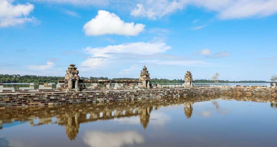 West Mebon Temple ruins on artificial island at West Baray in Siem Reap Angkor Cambodia